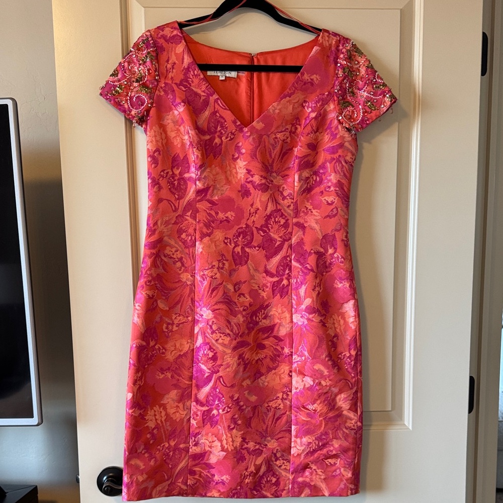 Rickie Freeman for Teri Jon Vibrant Pink Floral Midi Dress